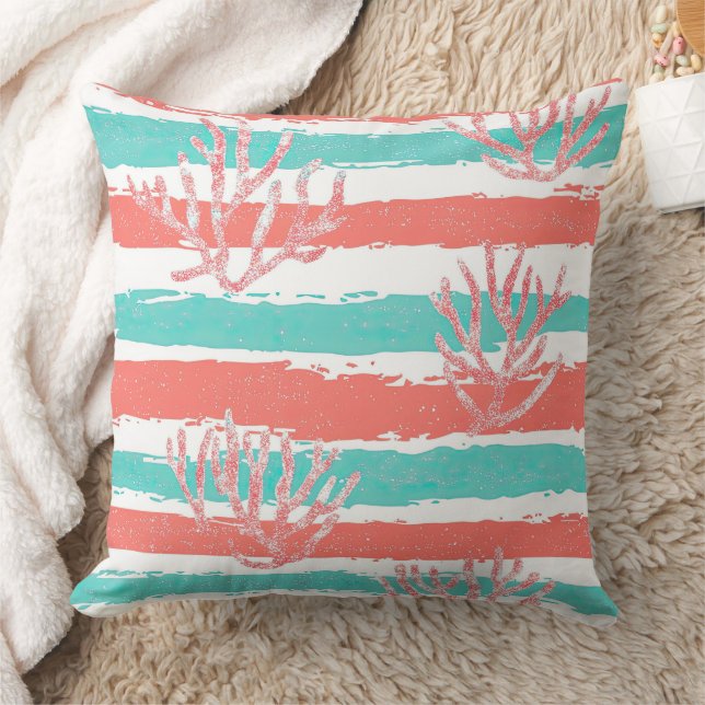 Coral Stripes Coastal Watercolor Pattern Cushion (Blanket)