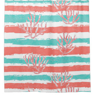 Coral Stripes Coastal Watercolor Pattern Shower Curtain