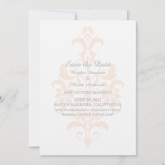 Coral Subtle Damask Save the Date Invite (Front)