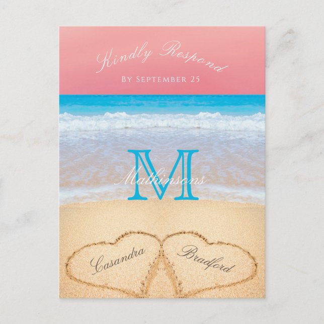 Coral Sunset Autumn Beach Wedding RSVP Postcard (Front)