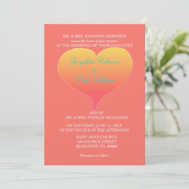 Coral Sunset Hearts Invitation (Standing Front)