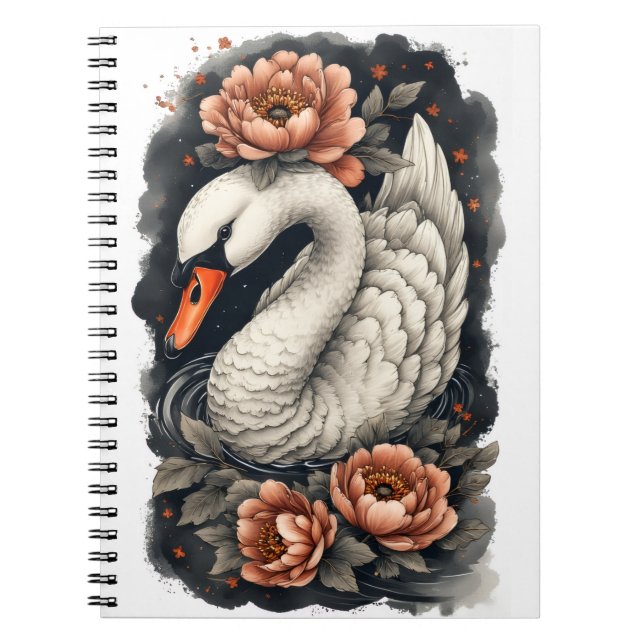 "Coral Swan" Floral Art Spiral Notebook (Front)