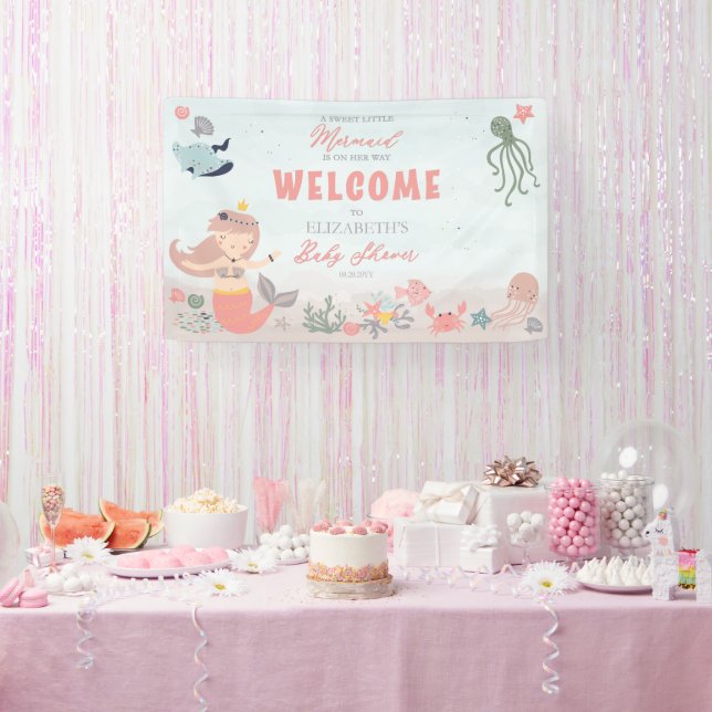 Coral Sweet Little Mermaid Sea Girl Baby Shower Banner (Party)
