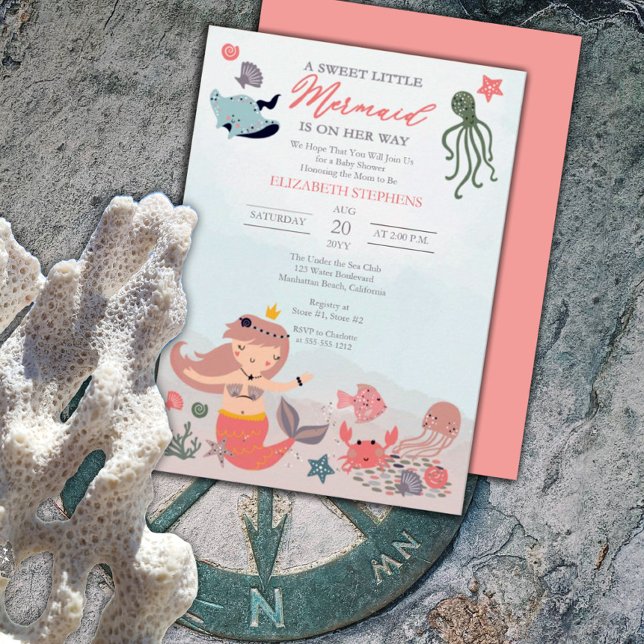 Coral Sweet Little Mermaid Sea Girl Baby Shower In Invitation (Creator Uploaded)