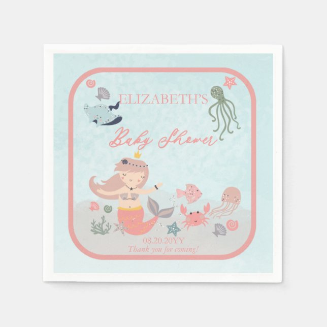 Coral Sweet Little Mermaid Sea Girl Baby Shower Napkin (Front)