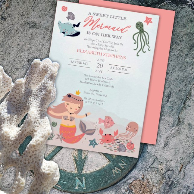 Coral Sweet Little Mermaid Sea Girl Baby Sprinkle  Invitation (Creator Uploaded)