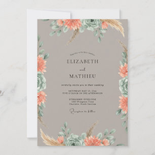 Coral Taupe Pampas Eucalyptus Wedding Invitation