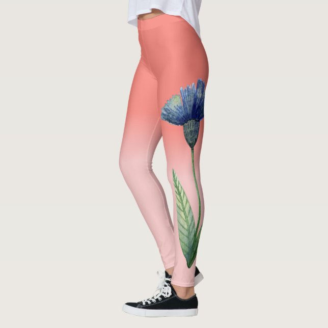 Coral Tea Rose Gradient with Blue Flower Leggings (Left)