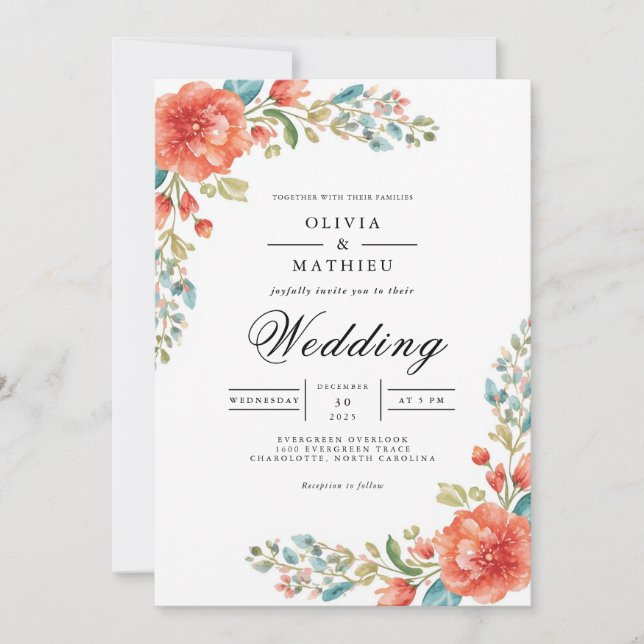 Coral Teal Bloom Flourish Wedding Invitation (Front)