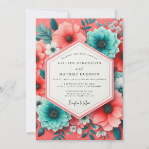 Coral Teal Bloom Romance Wedding Invitation