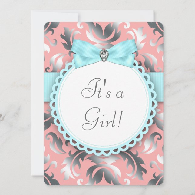 Coral Teal Blue and Grey Baby Girl Shower Invitation (Front)
