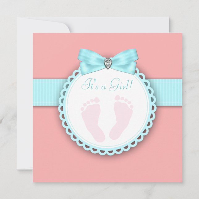 Coral Teal Blue Pink Footprint Baby Shower Invitation (Front)