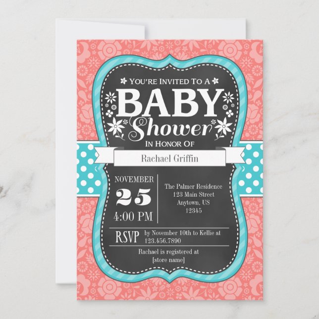 Coral Teal Chalkboard Floral Baby Shower Invite (Front)