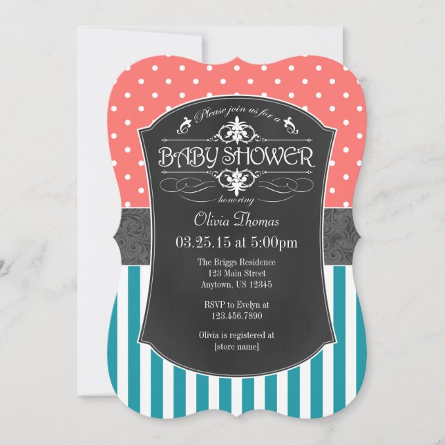 Coral Teal Chalkboard Stripes Baby Shower Invite (Front)