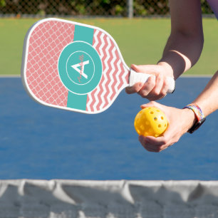 Coral Teal Chevron Quatrefoil Pickleball Paddle