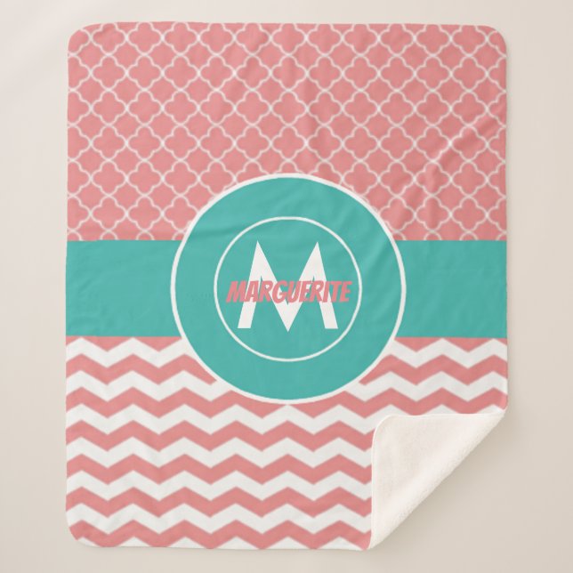Coral Teal Chevron Quatrefoil Sherpa Blanket (Front)