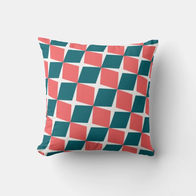 Coral & Teal Diamond Rhythm – Geometric Pattern Cushion (Front)