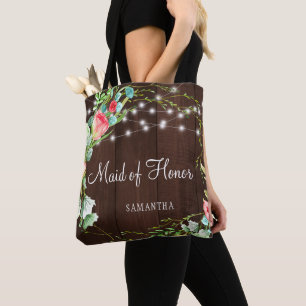 Coral teal floral barn wood lights maid of honour tote bag