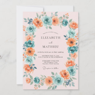 Coral Teal Floral Flourish Wedding Invitation