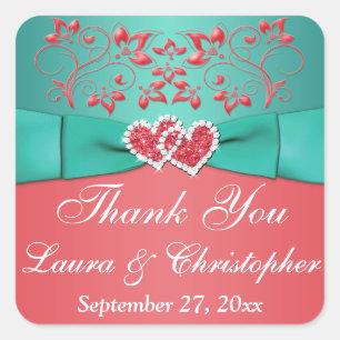 Coral, Teal Floral, Heart 1.5" Sq. Wedding Favour  Square Sticker
