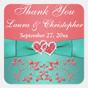 Coral, Teal Floral, Heart 1.5" Sq. Wedding Favour Square Sticker