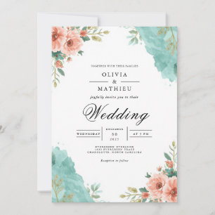 Coral Teal Floral Watercolor Wedding Invitation