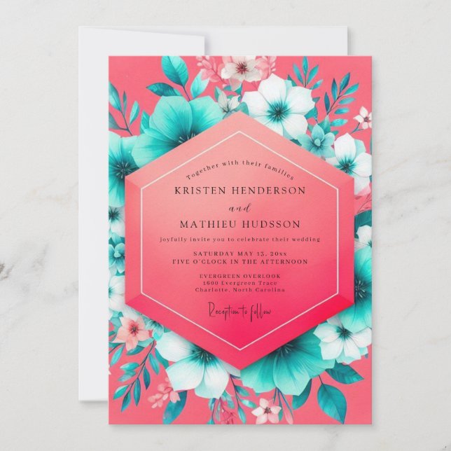 Coral Teal Floral Whimsy Wedding Invitation (Front)