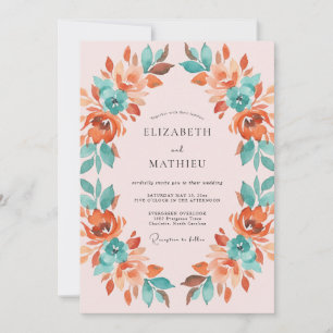 Coral Teal Floral Wreath Wedding Invitation