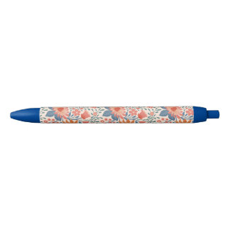 Coral & Teal Garden Blooms on Soft Beige Blue Ink Pen