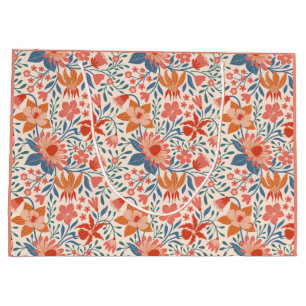Coral & Teal Garden Blooms on Soft Beige Large Gift Bag