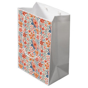 Coral & Teal Garden Blooms on Soft Beige Medium Gift Bag