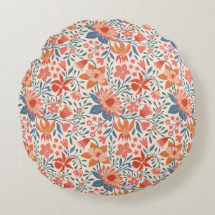 Coral & Teal Garden Blooms on Soft Beige  Round Cushion