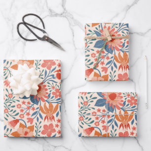 Coral & Teal Garden Blooms on Soft Beige Wrapping Paper Sheet