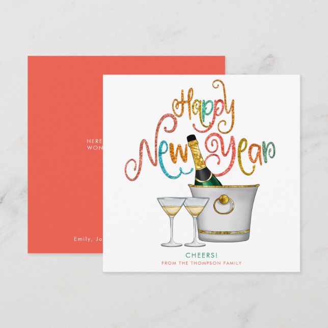 Coral Teal Gold Glitter Happy New Year Champagne Holiday Card (Front/Back)