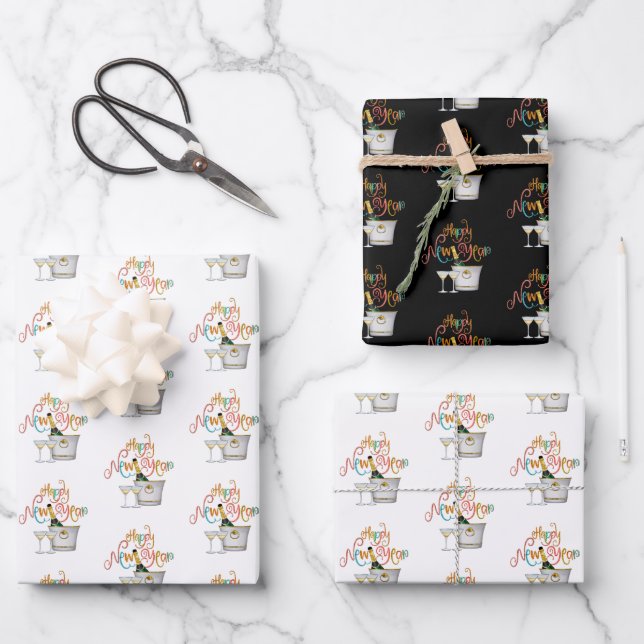 Coral Teal Gold Glitter Happy New Year Champagne Wrapping Paper Sheet (Front)