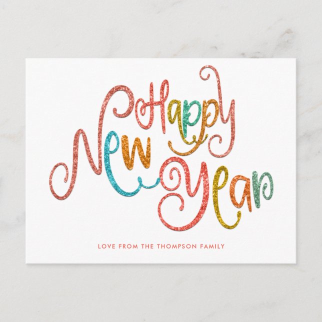 Coral Teal Gold Glitter Happy New Year Decorative Holiday Postcard (Front)