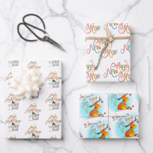 Coral Teal Gold Glitter Oh Deer Happy New Year Wrapping Paper Sheet