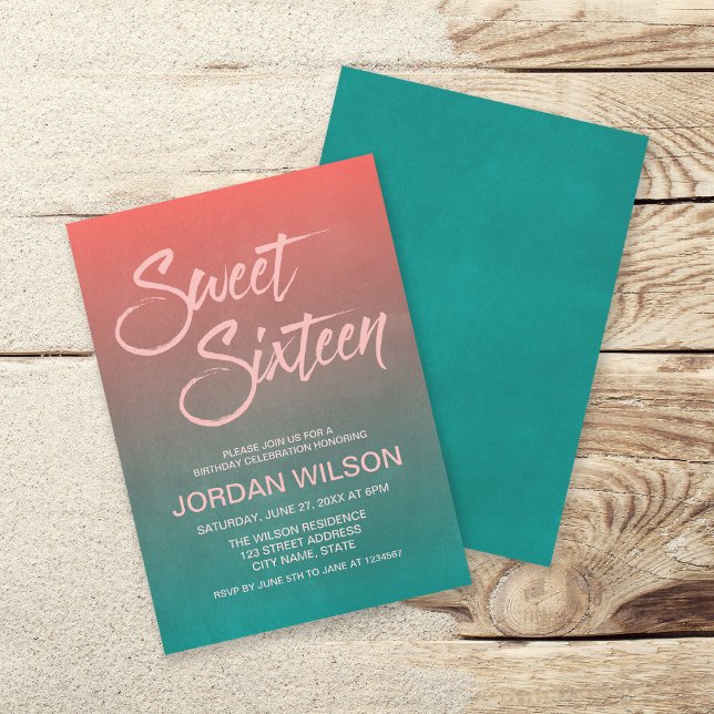 Coral & Teal Gradient Sweet 16 Birthday Invitation (Creator Uploaded)