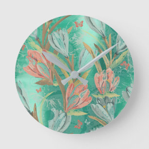 Coral Teal Green Floral Coffe Blue Ivory Butterfly Round Clock
