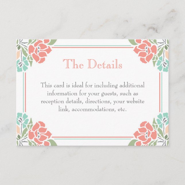 Coral Teal Green Modern Floral Wedding Enclosure Card (Front)