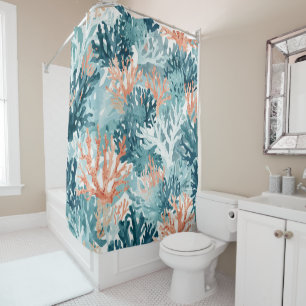 Coral Teal Green Orange Beachy Shower Curtain