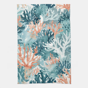Coral Teal Green Orange Beachy Tea Towel