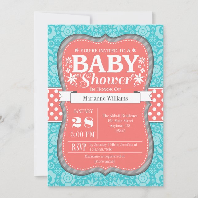 Coral Teal Grey Floral Flower Baby Shower Invite (Front)