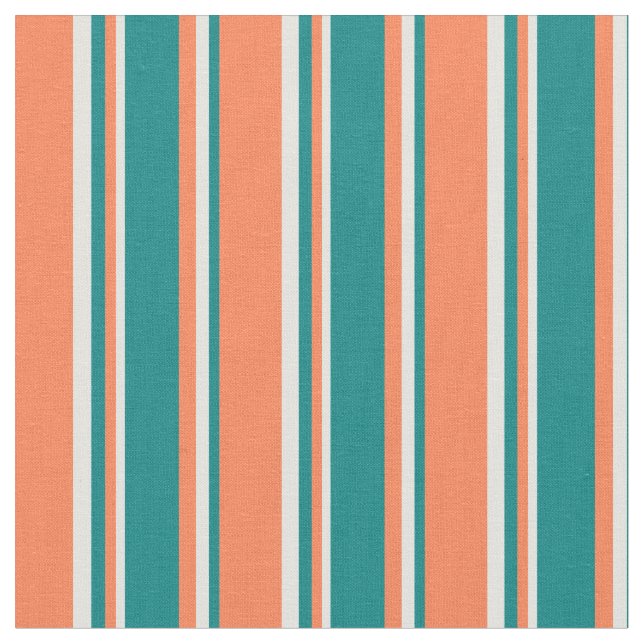 Coral, Teal & Light Cyan Coloured Lined Pattern Fabric (Close Up)