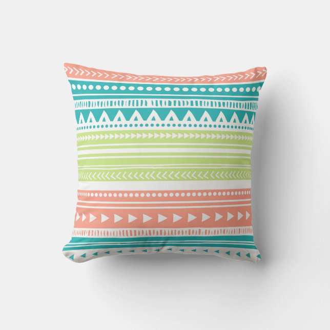 Coral Teal Lime Tribal Decorative Pillow (Front)