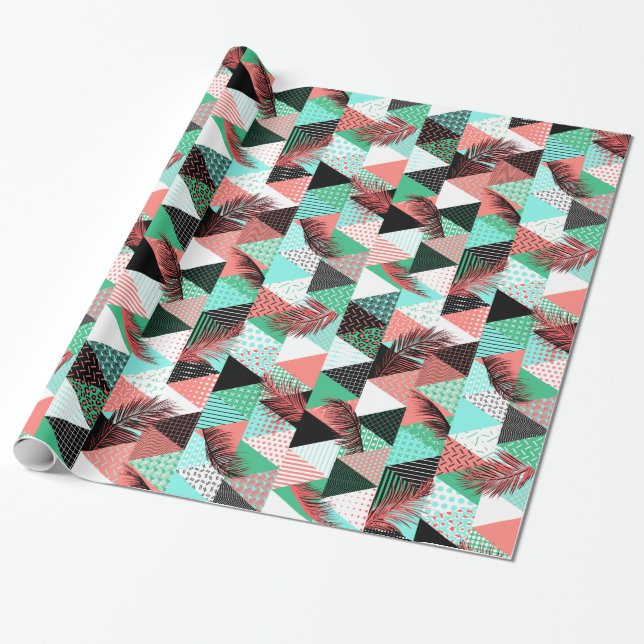 Coral Teal Memphis Style Triangles Wrapping Paper (Unrolled)