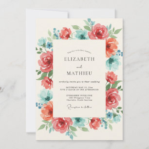 Coral Teal Ranunculus Eucalyptus Wedding Invitation