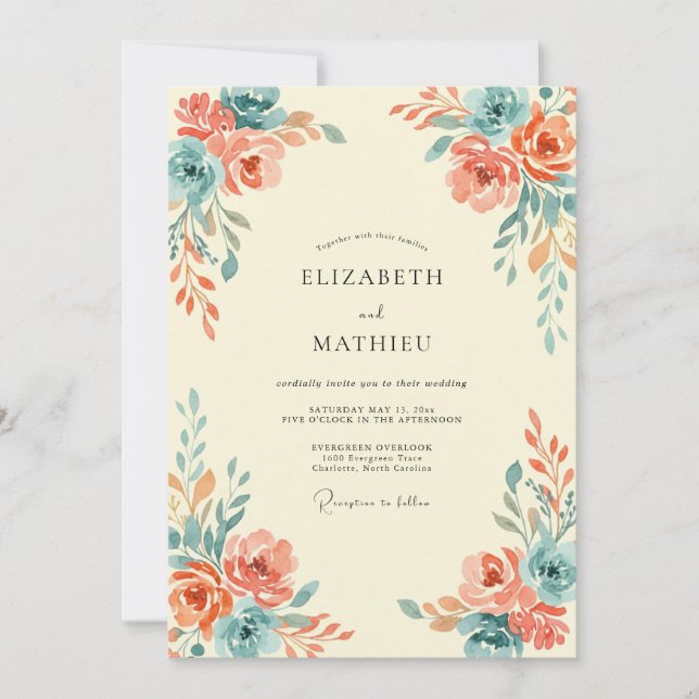 Coral Teal Ranunculus Grey Eucalyptus Wedding Invitation (Front)