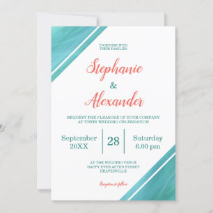 Coral Teal Script Wedding Invitation