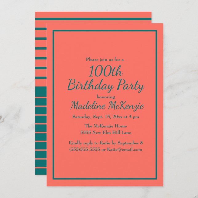 Coral Teal Striped 100th Birthday Party Invite (Front/Back)